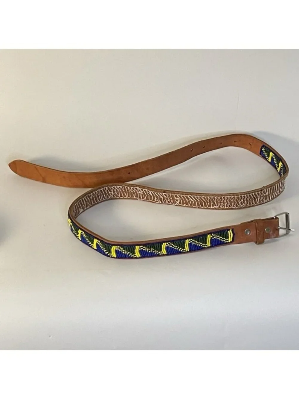 Maasai Inspired Beaded Leather Belt Blue Green Yellow Handmade 36